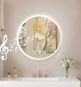 Habison spegel med belysning, 50 cm badrumsspegel rund med belysning badrumsspegel med anti-dimma, Bluetooth, 3 ljusfärger LED badrum väggspegel med touch-strömbrytare, spegel badrum med ljus