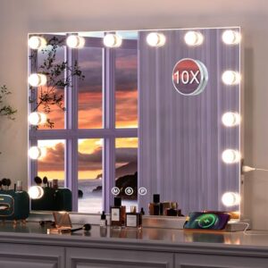 Hollywood sminkspegel med belysning, make-up spegel med 14 dimbara LED-lampor, 3 ljusfärger, Hollywood spegel med USB oplaadpoort och 10x förstoringsspegel - 50x40 cm